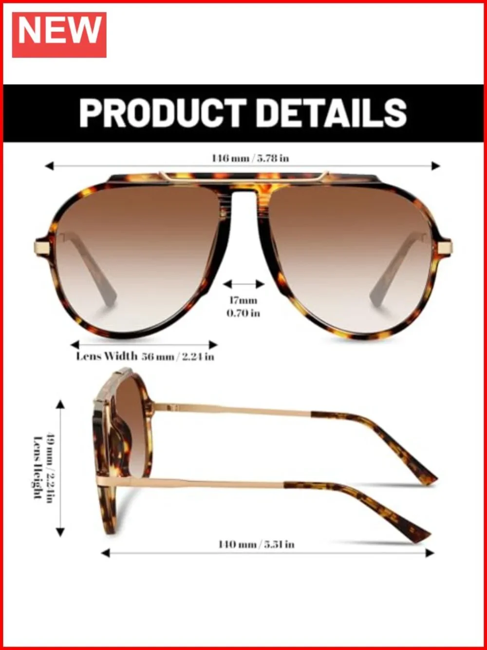 Oversized Retro Aviator Sunglasses Gold Metal UV400 Protection